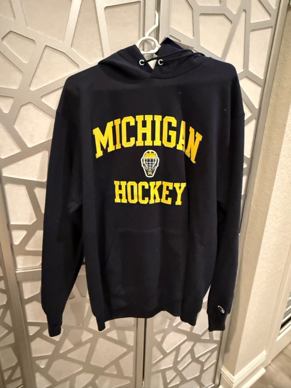 Champion Black Hoodie with Yellow Michigan Hockey Graphics large